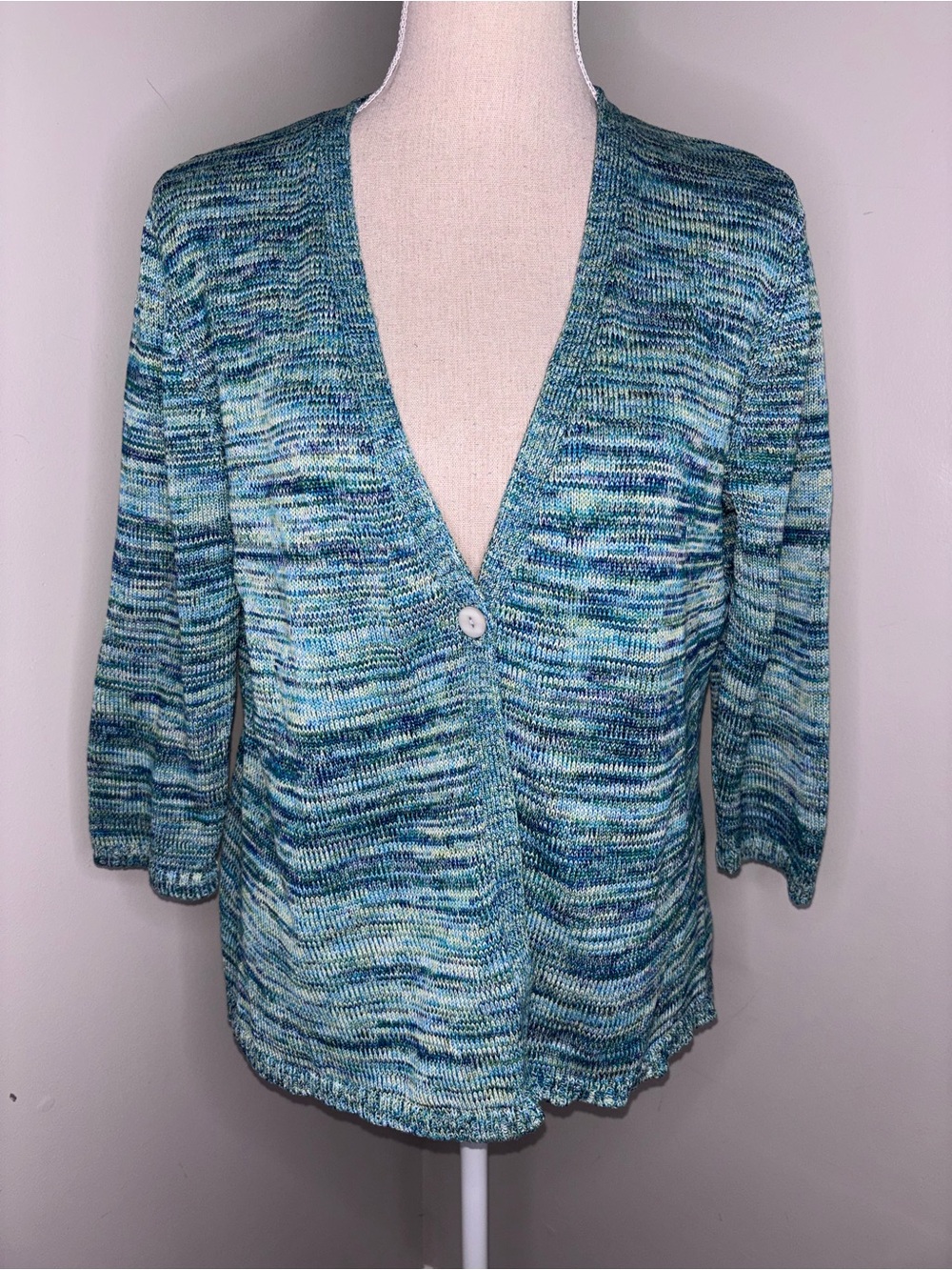 Coldwater Creek silk blend blue & green spacedye 3/4 sleeve cardigan sweater XL
